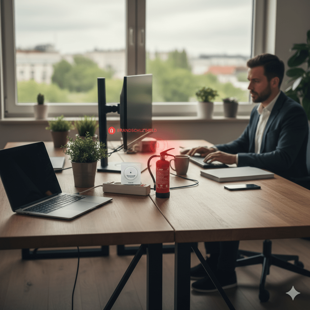 Brandschutz am Homeoffice-Arbeitsplatz Heller, moderner Arbeitsplatz im Homeoffice mit Laptop auf einem Holzschreibtisch, Zimmerpflanze und weichem Tageslicht – Symbolbild für Arbeitsschutz und Brandschutzprävention.