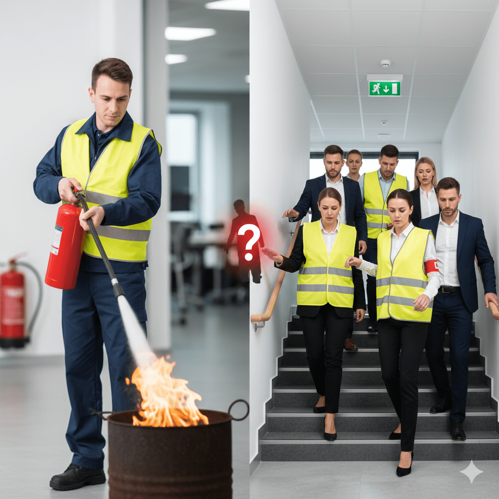 Koordination von Brandschutz und Evakuierung im Team Zwei Fachkräfte für Sicherheit in Warnwesten besprechen die Evakuierungsroute vor einem Gebäude, während im Hintergrund ein Brandschutzhelfer bereitsteht – Symbol für die Rollentrennung im Notfall.